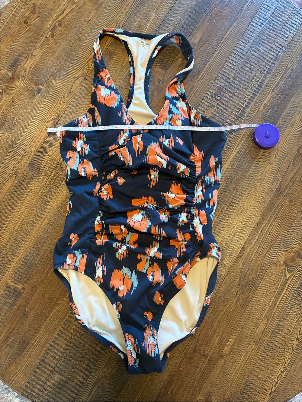 Garnet Hill Black One-Piece Swimsuit with Orange and Teal Print